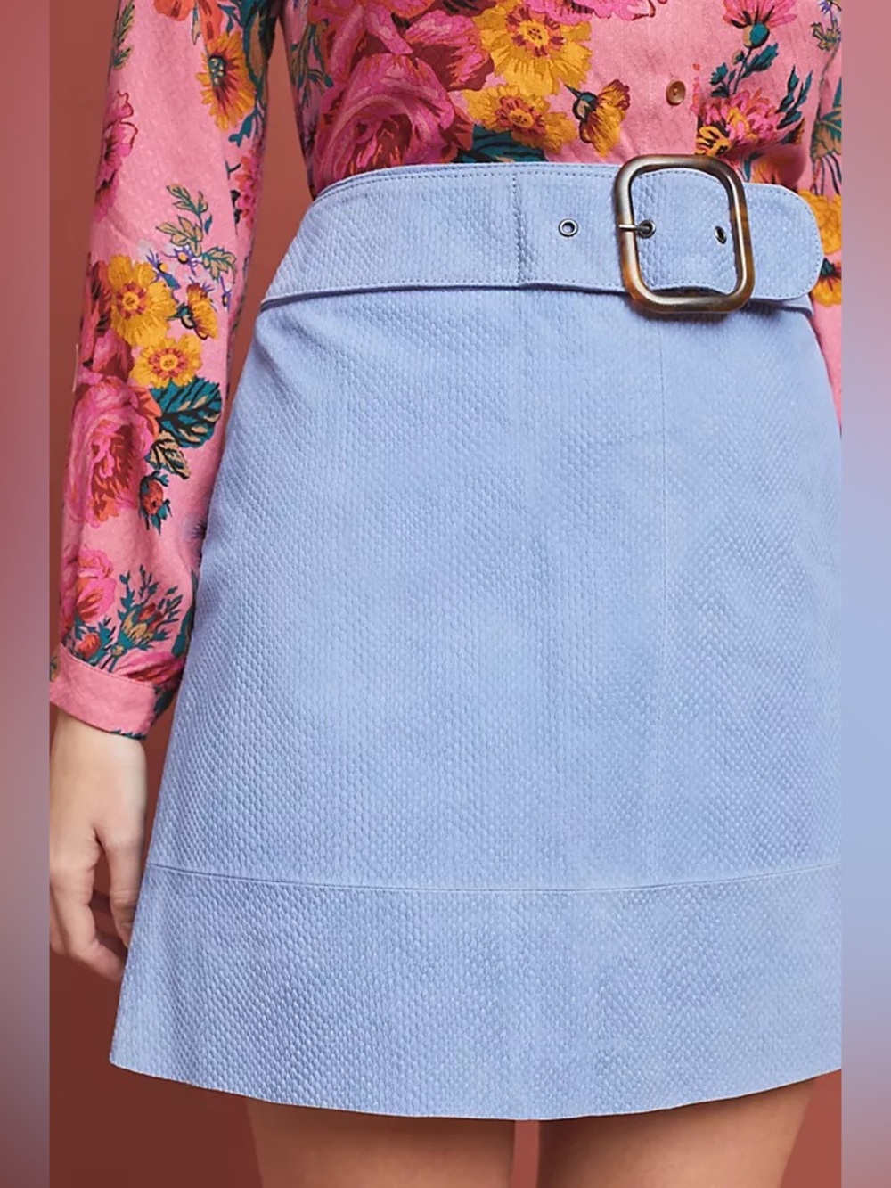 Anthropologie Periwinkle Sueded Mini Skirt with Tortoiseshell Buckle real suede